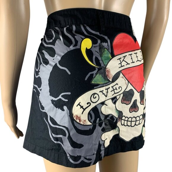 Ed Hardy Skull Poplin Mini Skirt Women’s Sz XL Black Red Multi - Picture 6 of 15